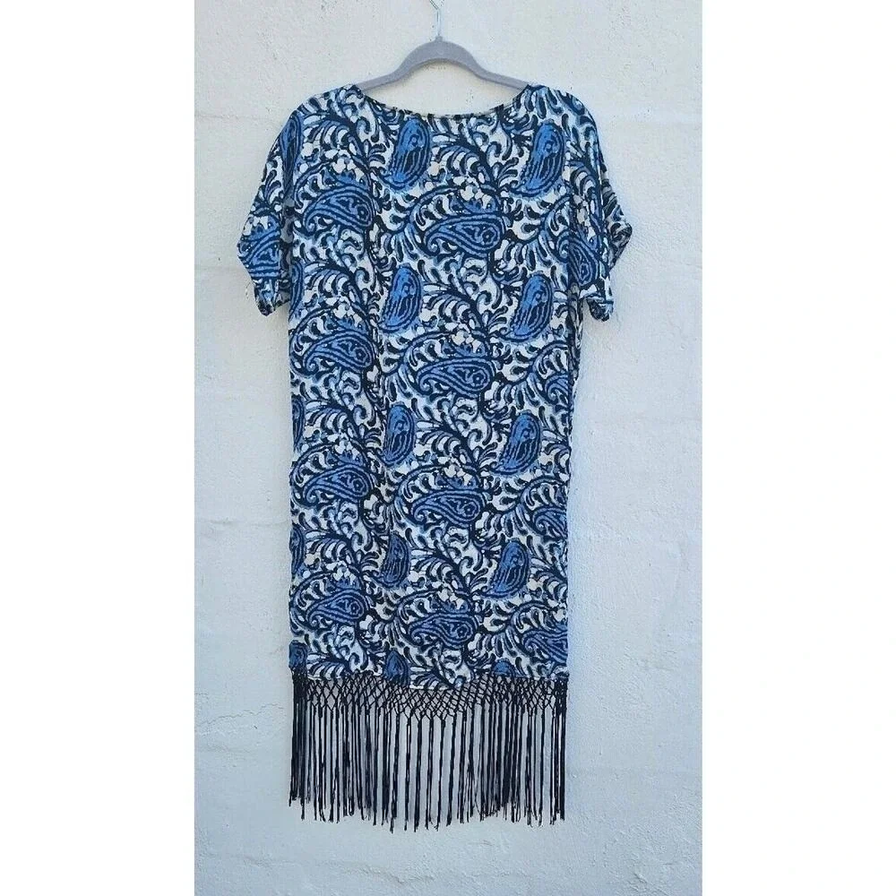 Michael Kors Fringe Trim Paisley Print Dress Womens XL Blue Batik Resort Summer - Picture 4 of 12